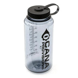 smoke grey nalgene water bottle with black lid and cana provisions logo on a white background
