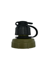 Green and black tacvalve water bottle cap on a white background