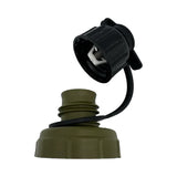 Green water bottle cap with black plastic connector on a white background