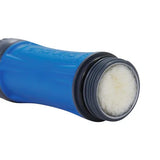Blue water filter showing the clear membrane on a white background